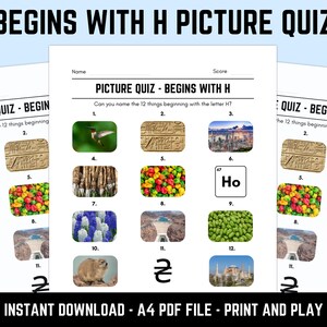 Printable Begins With H Picture Quiz: Downloadable Pub Quiz Trivia Sheets