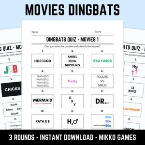 Printable Movies Dingbats Picture Quiz With Answers: Downloadable Rebus Puzzles, Pub Quiz Sheets, Family Game Night