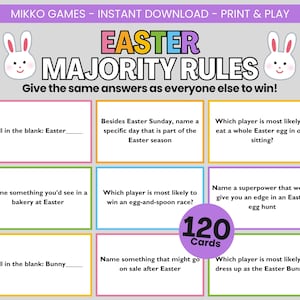 Puede incluir: Un juego de cartas imprimibles de Pascua titulado "Easter Majority Rules". El juego presenta ilustraciones de conejos y preguntas como "Completa el espacio en blanco: Pascua" y "Nombra algo que verías en una panadería en Pascua". El juego incluye 120 cartas.