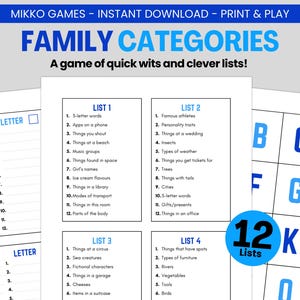 Family Categories: Printable Large Group Party Game for Kids & Adults, Scattergories Lists for Dinner Parties and Family Reunions