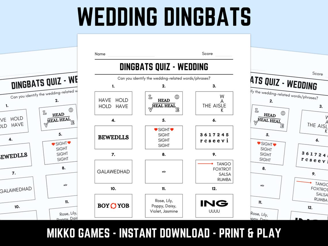 Printable Wedding Dingbats Picture Quiz With Answers: Downloadable