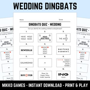 Op de afbeelding: Een afdrukbaar Dingbats-quizblad met een bruiloftthema. De quiz bevat woordpuzzels met betrekking tot bruiloftgerelateerde woorden en zinnen. De tekst "WEDDING DINGBATS" staat bovenaan. De onderkant van het blad luidt "MIKKO GAMES - INSTANT DOWNLOAD - PRINT & PLAY".