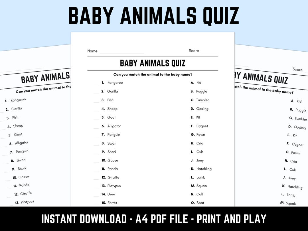 Printable Baby Animals Match up Quiz With Answers | Picture Round Quiz ...