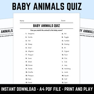 Jeu-questionnaire imprimable sur les associations de bébés animaux : fiches-questionnaires téléchargeables sur le quiz sur les pubs avec réponses