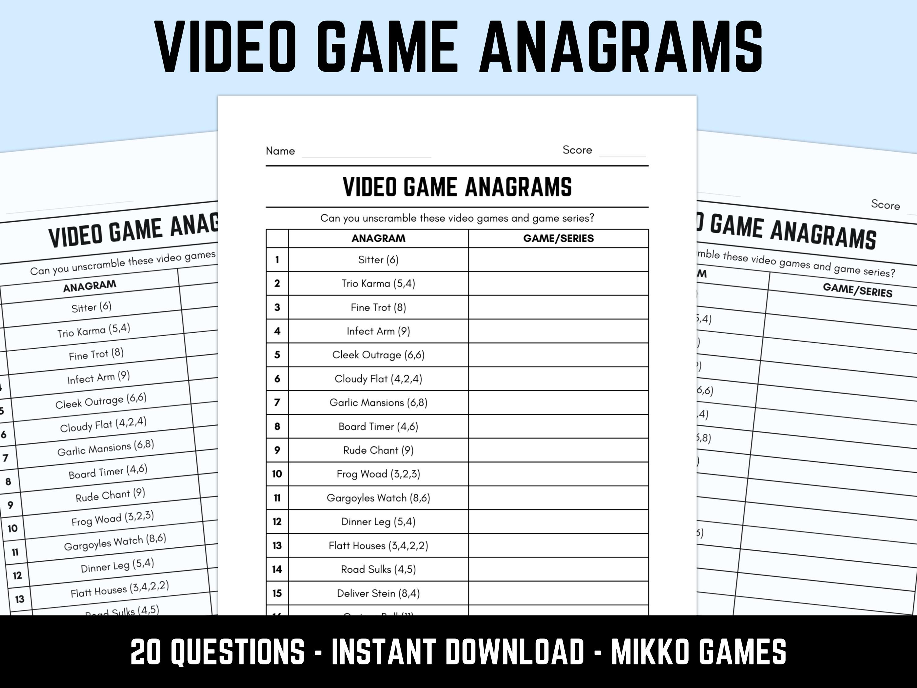 Printable Video Game Anagrams Quiz With Answers: Fun Word Puzzles, Word ...