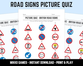 Printable British Road Signs Picture Quiz With Answers: Picture Round Quiz Sheets, Pub Quiz Trivia, Downloadable Table Quiz, Driving Quiz