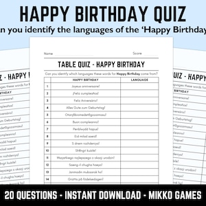 Printable Happy Birthday Table Quiz With Answers: Downloadable Pub Quiz Sheets, Trivia Questions, Fun Ready-Made Languages Quiz