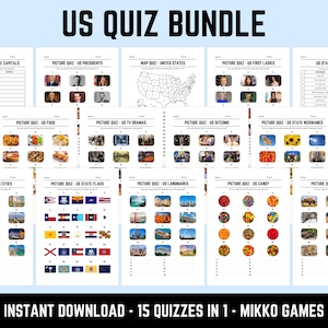 May include: A US Quiz Bundle featuring 15 printable quiz sheets with various themes including US state capitals, presidents, maps, first ladies, state anagrams, food, TV dramas, sitcoms, state nicknames, cities, flags, landmarks, candy, and animals.