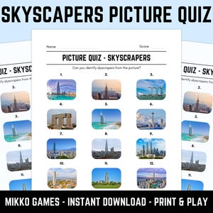 Printable Skyscrapers Picture Quiz With Answers: Picture Round Quiz Sheets, Pub Quiz Trivia, Downloadable Table Quiz, Fun Geography Quiz