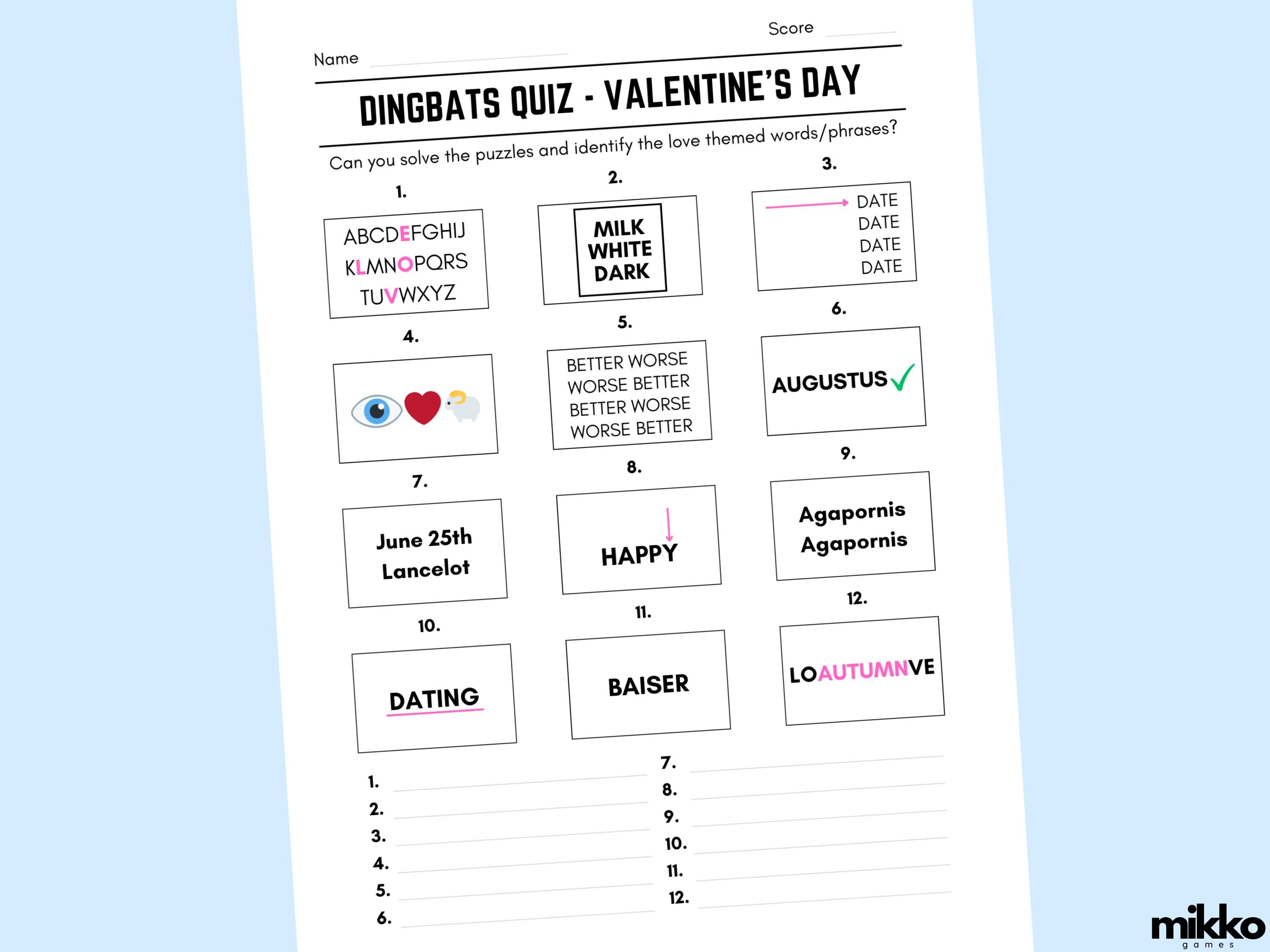 Printable Valentine’s Day Dingbats Picture Quiz With Answers: Instant
