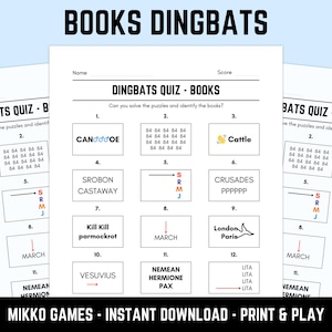 Könnte beinhalten: Druckbares "Books Dingbats" Quizspiel mit 12 Rätseln zum Lösen. Das Quiz enthält Worträtsel mit Hinweisen wie "CAN dddOE" und "Cattle". Das Spiel wurde von Mikko Games entworfen und steht zum sofortigen Download bereit.