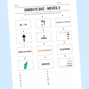 Printable Movies Dingbats Picture Quiz With Answers | Downloadable