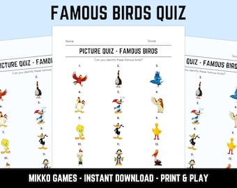 Printable Famous Birds Picture Quiz With Answers: Picture Round Quiz Sheets, Pub Quiz Trivia, Downloadable Table Quiz, Fun Animals Quiz