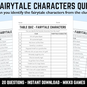 May include: A printable quiz titled "Fairytale Characters Quiz" with the text "Can you identify the fairytale characters from the clues?" The quiz includes clues to identify fairytale characters. The bottom of the image reads "20 QUESTIONS - INSTANT DOWNLOAD - MIKKO GAMES."