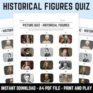 Printable Historical Figures Picture Quiz: Downloadable Pub Quiz Trivia Sheets With Answers