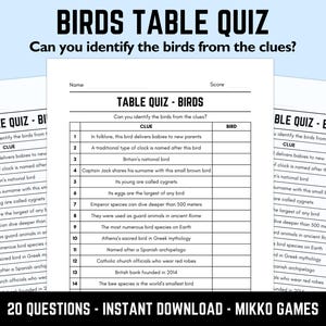 Pode incluir: Um questionário de mesa de aves imprimível com pistas para identificar espécies de aves. O questionário inclui 20 perguntas e está disponível para download instantâneo. O texto no questionário diz: "Consegue identificar as aves a partir das pistas?"