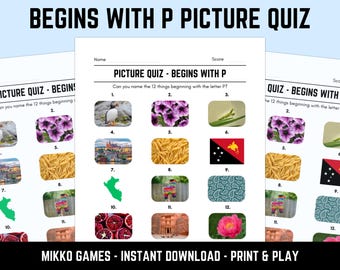 Printable Begins With P Picture Quiz With Answers: Picture Round Quiz Sheets, Pub Quiz Trivia, Downloadable Table Quiz, Fun Ready-Made Quiz