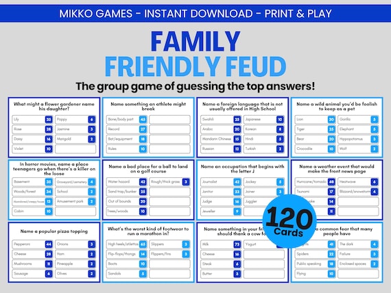 Family Friendly Feud: Printable Large Group Party Game for Kids & Adults, Family Feud Trivia Questions and Cards for Family Game Night