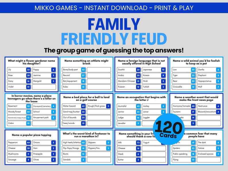 Family Friendly Feud Printable -Large Group Party Game for Kids & Adults, Family Feud Cards and Trivia Questions for Family Game Night, Instant Download, Pint and Play, 120 Cards