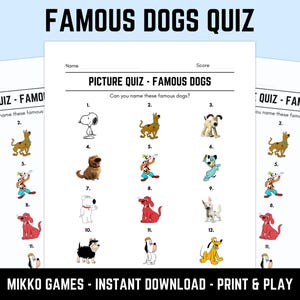 Printable Famous Dogs Picture Quiz With Answers: Picture Round Quiz Sheets, Pub Quiz Trivia, Downloadable Table Quiz, Fun Animals Quiz