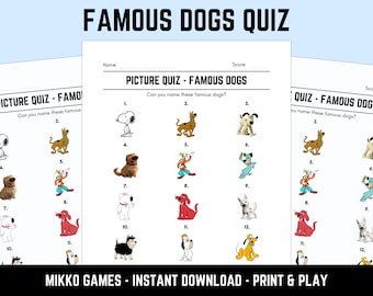 Printable Famous Dogs Picture Quiz With Answers: Picture Round Quiz Sheets, Pub Quiz Trivia, Downloadable Table Quiz, Fun Animals Quiz