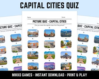 Printable Capital Cities Picture Quiz With Answers: Picture Round Quiz Sheets, Pub Quiz Trivia, Downloadable Table Quiz, Fun Geography Quiz