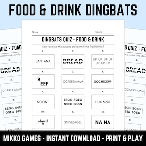 Printable Food and Drink Dingbats Picture Quiz With Answers: Downloadable Rebus Puzzles, Pub Quiz Sheets, Family Game Night