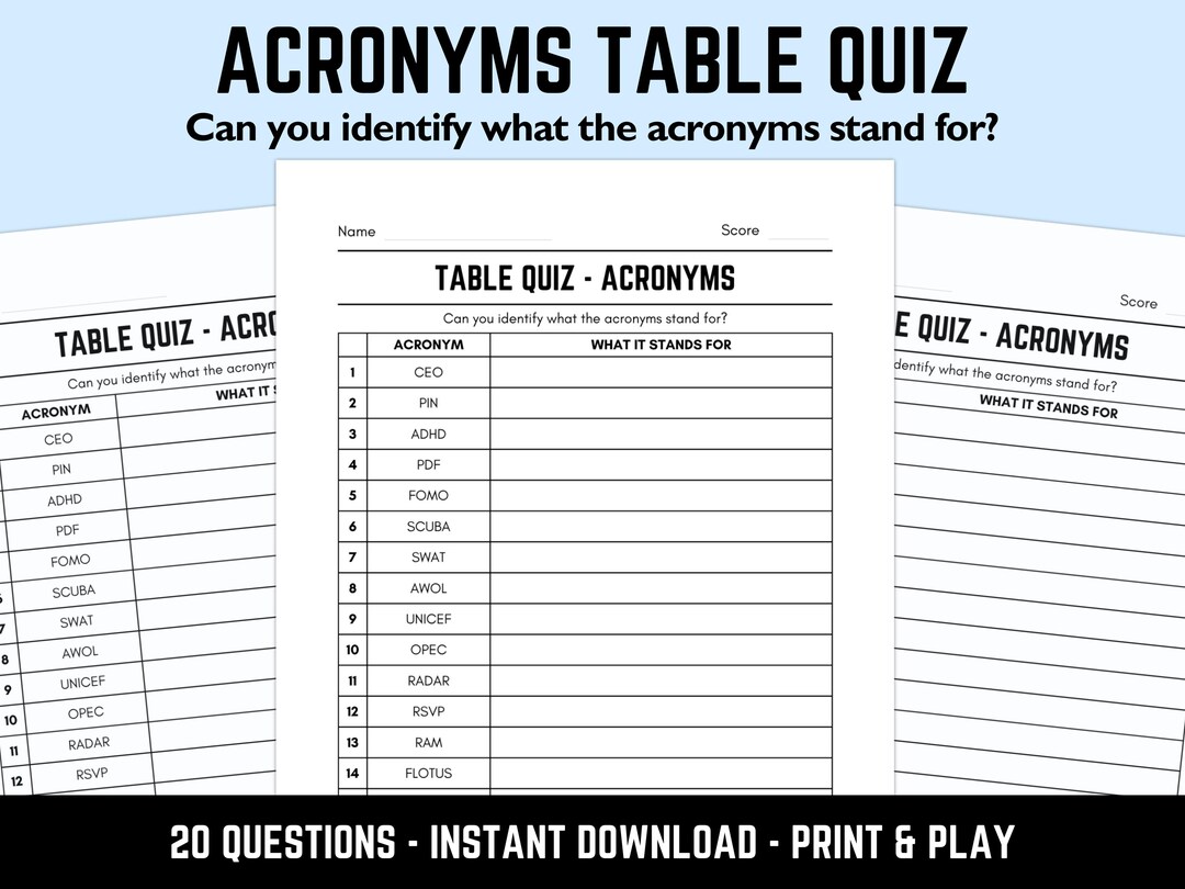 Printable Acronyms Table Quiz: Downloadable Pub Quiz Trivia Sheets With ...