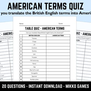 Printable American Terms Table Quiz With Answers: Downloadable Pub Quiz Sheets, Trivia Questions, Fun Ready-Made Slang Quiz