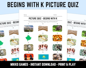 Printable Begins With K Picture Quiz With Answers: Picture Round Quiz Sheets, Pub Quiz Trivia, Downloadable Table Quiz, Fun Ready-Made Quiz