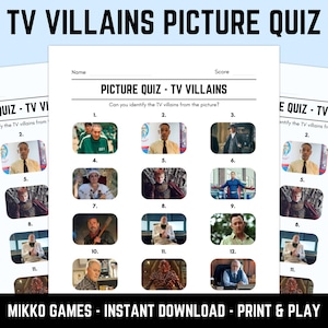 Printable TV Villains Picture Quiz With Answers: Picture Round Quiz Sheets, Pub Quiz Trivia, Downloadable Table Quiz, Fun TV Show Quiz