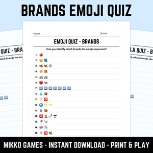 Op de afbeelding: Een quiz op wit papier getiteld "BRANDS EMOJI QUIZ" met een lijst met emoji's. De quiz vraagt: "Kun je identificeren welke merken de emoji's vertegenwoordigen?" De tekst "MIKKO GAMES - INSTANT DOWNLOAD - PRINT & PLAY" staat onderaan.