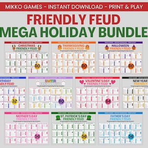 Friendly Feud Mega Holiday Bundle: Printable Large Group Party Game for Kids & Adults, 616 Festive Family Feud Trivia Questions and Cards