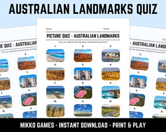 Printable Australian Landmarks Picture Quiz With Answers: Picture Round Quiz Sheets, Pub Quiz Trivia, Downloadable Geography Table Quiz