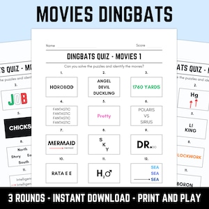 Printable Movies Dingbats Picture Quiz: Downloadable Rebus Puzzles, Pub Quiz Sheets