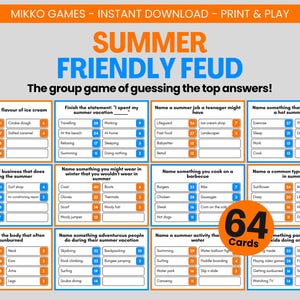 Summer Friendly Feud: Printable Large Group Party Game for Kids & Adults, Family Feud Trivia Questions and Cards for Family Game Night