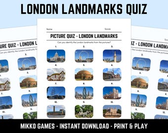 Printable London Landmarks Picture Quiz With Answers: Picture Round Quiz Sheets, Pub Quiz Trivia, Downloadable Table Quiz, Fun British Quiz