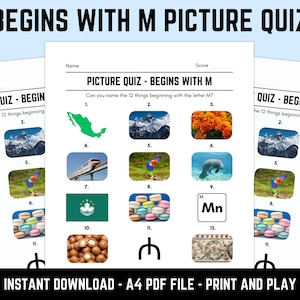 Quiz de imagem para impressão começa com M com respostas | Folhas de Quiz de Rodada de Imagem, Quiz de Pub Trivia, Quiz de Mesa para Download