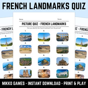 May include: A printable quiz on French landmarks, featuring images of famous locations like the Eiffel Tower and Notre Dame. The quiz is designed to test knowledge of French landmarks. Text includes "French Landmarks Quiz" and "Picture Quiz - French Landmarks".