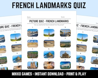 Printable French Landmarks Picture Quiz With Answers: Picture Round Quiz Sheets, Pub Quiz Trivia, Downloadable Table Quiz, Geography Quiz