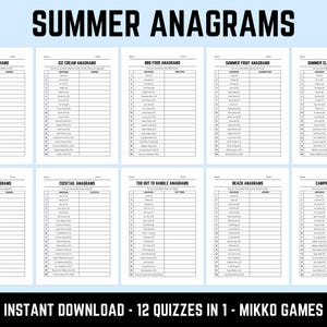 May include: A collection of ten printable game sheets titled Summer Anagrams, featuring categories like Ice Cream, BBQ Food, Summer Fruit, Clothing, Ocean Life, Cocktails, Beach, and Camping. Each sheet contains a list of scrambled words.