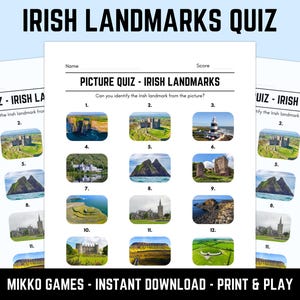 May include: A picture quiz featuring Irish landmarks, designed for printing. The quiz includes a title, instructions, and space for the name and score. The text "MIKKO GAMES - INSTANT DOWNLOAD - PRINT & PLAY" is at the bottom.