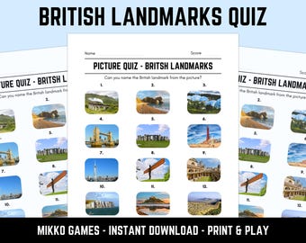 Printable British Landmarks Picture Quiz With Answers: Picture Round Quiz Sheets, Pub Quiz Trivia, Downloadable Table Quiz, Geography Quiz