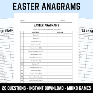 Op de afbeelding: Wit papier met de titel "EASTER ANAGRAMS" in grote zwarte letters. Het papier heeft een tabel met anagrammen om op te lossen. De tekst "20 QUESTIONS - INSTANT DOWNLOAD - MIKKO GAMES" staat onderaan.