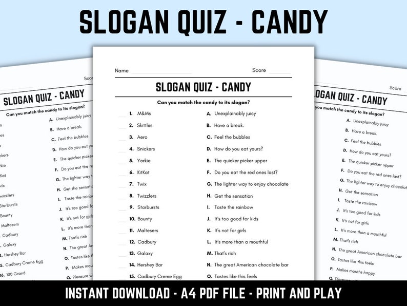 Printable Candy Slogan Match up Quiz With Answers - Etsy UK