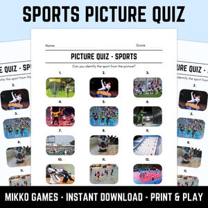 May include: A sports picture quiz featuring 12 images of various sports. The quiz is labelled "SPORTS PICTURE QUIZ" and includes the text "MIKKO GAMES - INSTANT DOWNLOAD - PRINT & PLAY". The aim is to identify the sport depicted in each image.