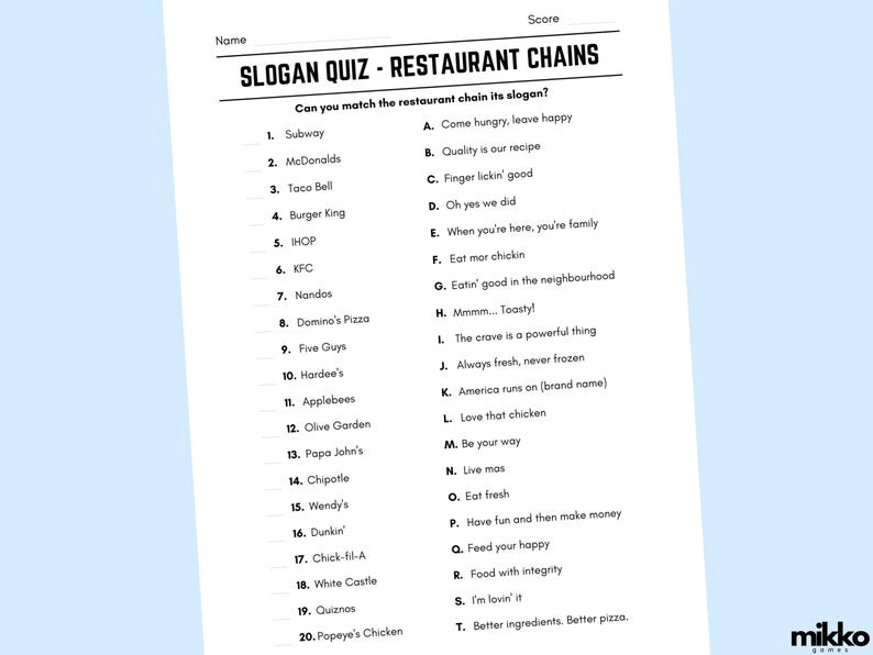 Printable Restaurant Chains Slogan Match up Quiz With Answers | Picture ...