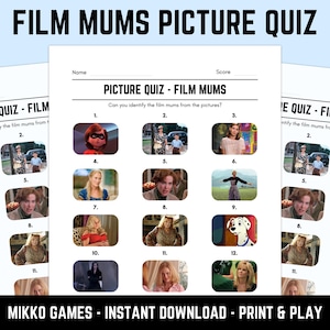 Puede incluir: Una hoja de juego imprimible "Film Mums Picture Quiz". El cuestionario presenta imágenes de personajes de películas, con el título "FILM MUMS PICTURE QUIZ" en la parte superior. El juego está diseñado para identificar a las madres de las películas a partir de las imágenes.