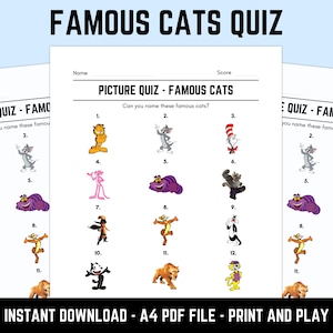 Printable Famous Cats Picture Quiz: Downloadable Pub Quiz Trivia Sheets With Answers