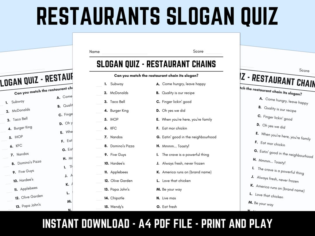 Printable Restaurant Chains Slogan Match up Quiz With Answers | Picture ...